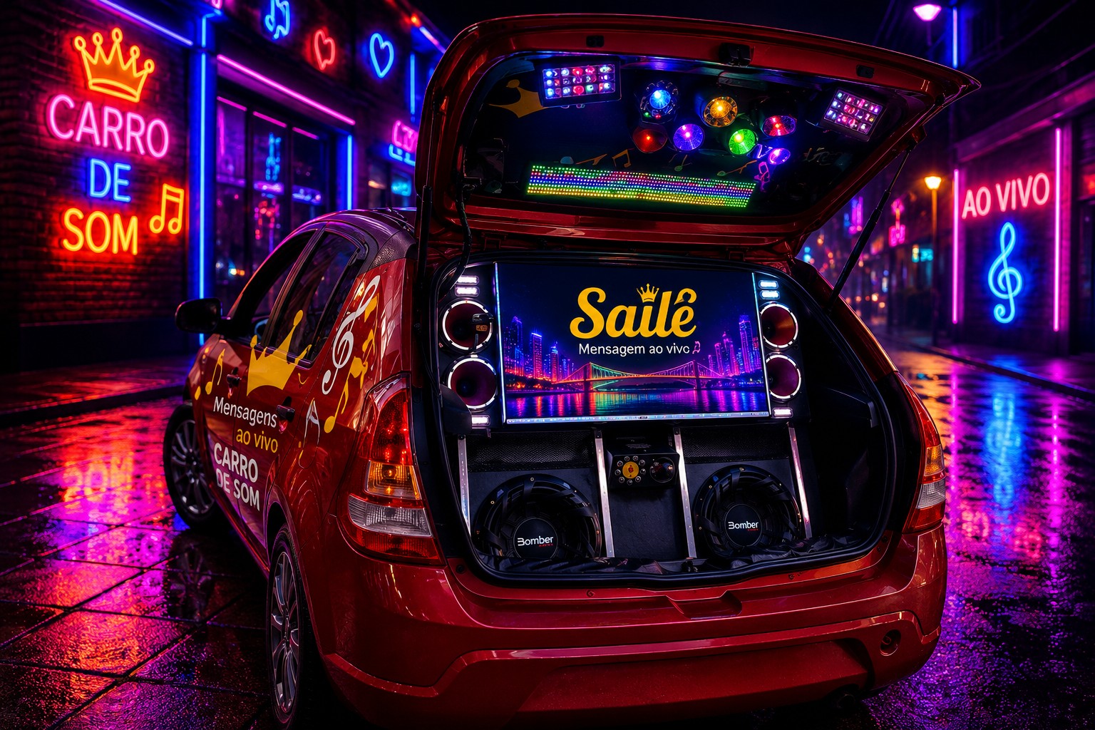 Carro de som neon da Saile Mensagem — atendimento em Gravataí